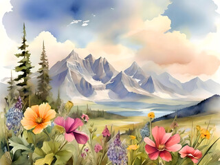 Fototapeta na wymiar Summer vista featuring untamed wildflowers and majestic mountains captured in digital watercolor art. Suitable for printing. Ai Generative