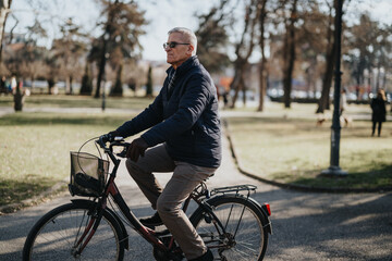 Active senior man enjoying bike ride in sunny park - healthy lifestyle concept.