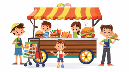 Shop fast food cart with little kids icon isolated 