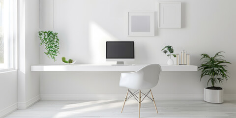 Stylish Modern Workspace With Natural Light And Minimalist Decor. Home office.