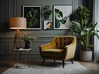 House Living Room Interior Featuring Chic Armchair, Lush Plants, and Ambient Lamp for Modern Home Enthusiasts
