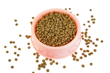 Dry Pet Food in a bowl isolated on white background. Dog or cat food isolated.