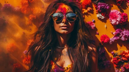 Fototapeta premium Portrait of a young beautiful girl in sunglasses on a background of flowers.