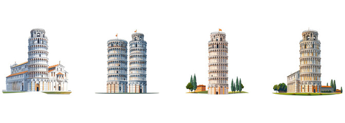 Leaning Tower of Pisa, Italian landmark, architectural curiosity clipart vector illustration set