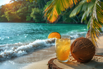 Two cocktails on shore of the tropical sea with palm trees
