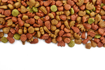 Pile of Dry Pet Food isolated on white background. Dog or cat food isolated.