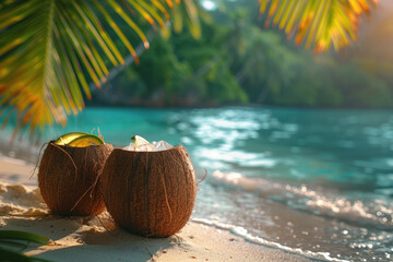 Two coconuts with cocktails on the shore of the tropical sea with palm trees