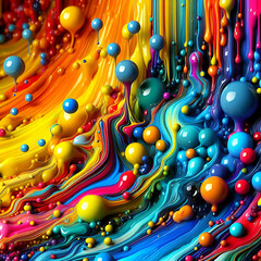 Colourful acrylic paint dripping with liquid drops