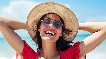 Smiling Woman in Red Swimwear and Straw Hat on Sunny Beach Day