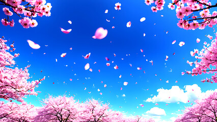  in pastel colors, sakura petals flying against the sky