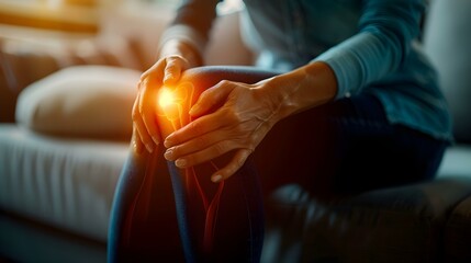 Managing Arthritis Pain: A Woman's Hand Holding Her Knee on a Couch at Home. Concept Arthritis Pain Management, Home Remedies, Pain Relief Techniques, Self-Care Tips, Hand & Knee Pain