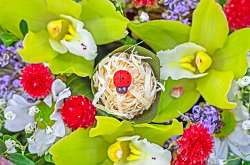 beautiful floral background with artificial ladybug. festive mood, spring