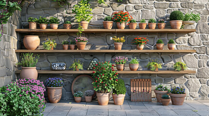 A stone wall with built-in shelves, showcasing potted plants and garden decor, adding a touch of elegance to an outdoor space.