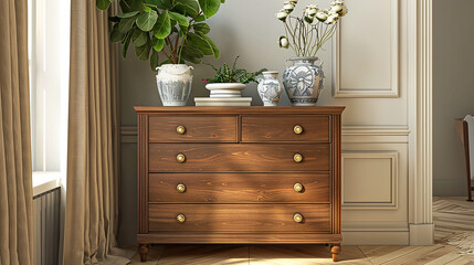 A stylish dresser with elegant brass knobs, adding a touch of sophistication to the furniture piece.