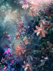 Fototapeta na wymiar Blossoming flowers with luminous details - A lush array of flowers with illuminated touches floats amidst shadowy foliage in this captivating digital creation