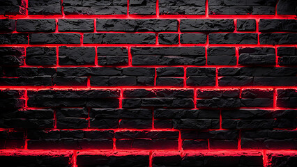 Black brick wall with red neon lighting and a place to copy., space for text