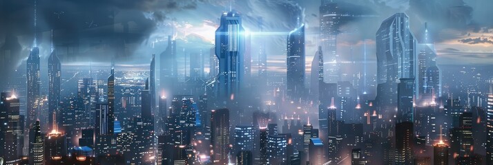 Elevated view of future city with spotlights - Elevated cityscape of a futuristic city with imposing buildings and spotlight beams piercing the sky - obrazy, fototapety, plakaty