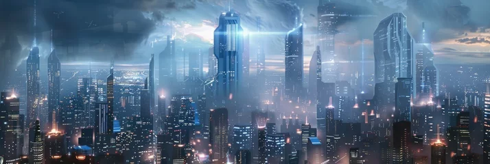 Foto op Plexiglas Elevated view of future city with spotlights - Elevated cityscape of a futuristic city with imposing buildings and spotlight beams piercing the sky © Mickey