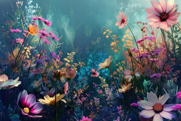 Obraz na płótnie Canvas Enchanted garden with vibrant flowers digital art - A digital fantasy garden filled with a myriad of vibrant, enchanting flowers in a dreamy atmosphere