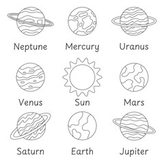 Planets of the solar system with names. Vector illustration.