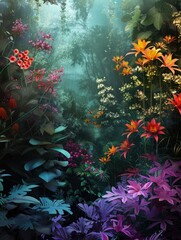Obraz na płótnie Canvas Enchanted forest scene with vibrant flora - A magical display of colorful flowers and foliage, shrouded in mist, evoking a fantasy woodland vibe