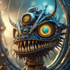 Wild monsters with many eyes and many teeth, biomechanical, cyberpunk pieces, steam punk mood, metallic fragments on the bodies, ai generative - 749520078