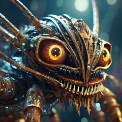 Wild monsters with many eyes and many teeth, biomechanical, cyberpunk pieces, steam punk mood, metallic fragments on the bodies, ai generative - 749520083