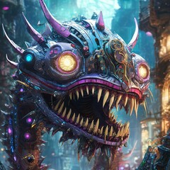 Wild monsters with many eyes and many teeth, biomechanical, cyberpunk pieces, steam punk mood, metallic fragments on the bodies, ai generative - 749520099