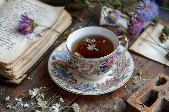 Elegant teacup amidst flora and an open book - This composition showcases an elegant teacup with a floral pattern set among wildflowers and a neatly opened book