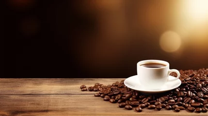 Foto op Canvas Coffee cup and coffee beans on wooden table with bokeh background © Glory to Ukraine