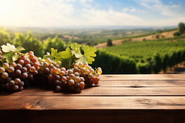 Empty wooden table for product demonstration and presentation on the background of a vineyard. Ripe...