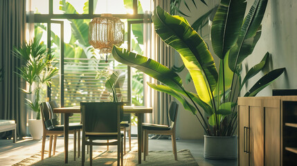 Banana plants decor in a contemporary dining room, adding a touch of tropical elegance to the space.
