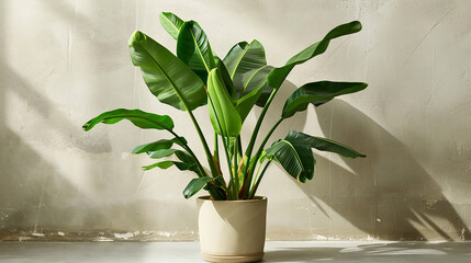 Banana plants decor in a minimalist setting, showcasing the beauty of large green leaves against a neutral backdrop.