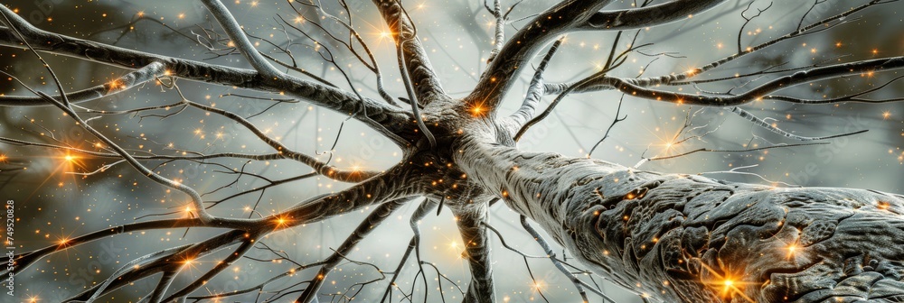 Poster detailed close up of human brain with neurons firing and neural extensions activity