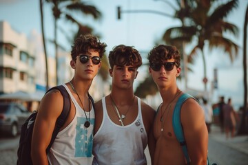 Three friends in a coastal area with sunglasses - obrazy, fototapety, plakaty