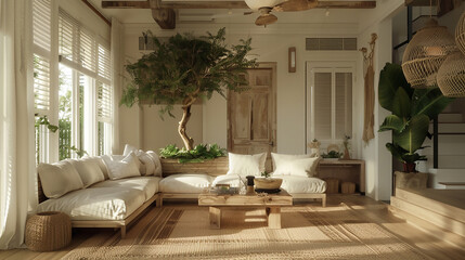 Coastal house interior featuring a rustic wooden tree wall sign, adding a natural element to the decor.