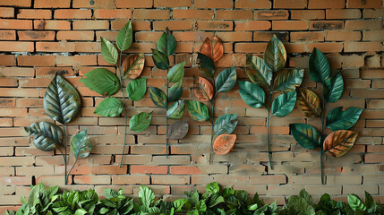 Outdoor wall decor with a botanical theme, featuring metal leaf sculptures against a brick wall.