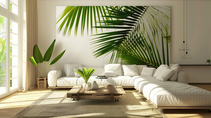 Palm leaf art installation in a modern living room, creating a striking focal point above a sofa.