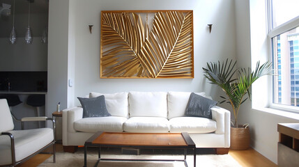 Palm leaf art installation in a modern living room, creating a striking focal point above a sofa.