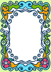 The frame is decorated with various colorful designs and wavy lines. The overall design is ornate and visually appealing. The frame is suitable for children's illustration.