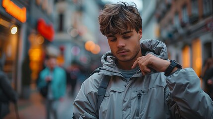 Fototapeta premium A young man in workout clothes checks his smartwatch on the street. Concept Fitness, Technology, Smartwatch, Lifestyle, Active Living
