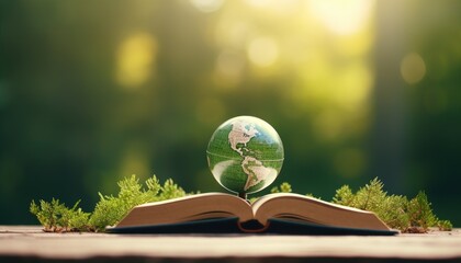Planet over the open book on a wooden table in nature, green blurry background. World Environment Day. World Mental Health Day concept