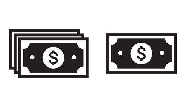 Cash Doller icon set. banknote paper money vector symbol with dollar sign in black filled style.