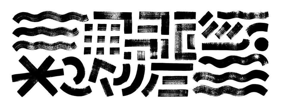 Bold curved smears and waves collection with brush drawn rectangles and asterisk. Hand drawn vector geometric shapes, stripes and lines.