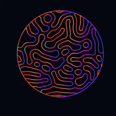 Neon holographic circle with warped and glitched texture of lines.