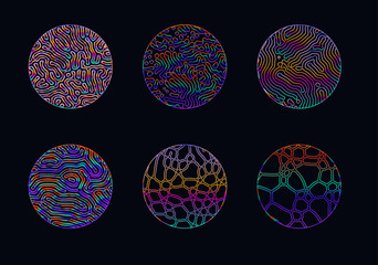 Set of elegant holographic circles with psychedelic wavy pattern in neon bright colors.