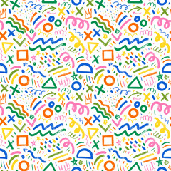 Colorful childish style geometric seamless pattern with various brush strokes and shapes.