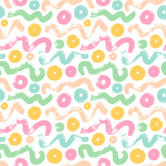 Pastel colored brush drawn bold squiggles and circles seamless pattern. Wavy thick brush strokes with dots texture.