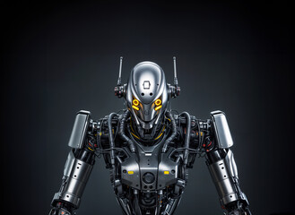 A silver robot with yellow eyes and a large head standing on a black background. The robot looks like a metal character, which gives it a unique and futuristic look.