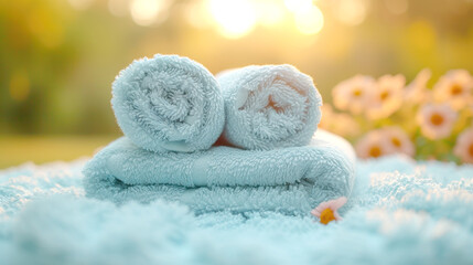 Rolled Blue Towels on Plush Fabric with Flowers